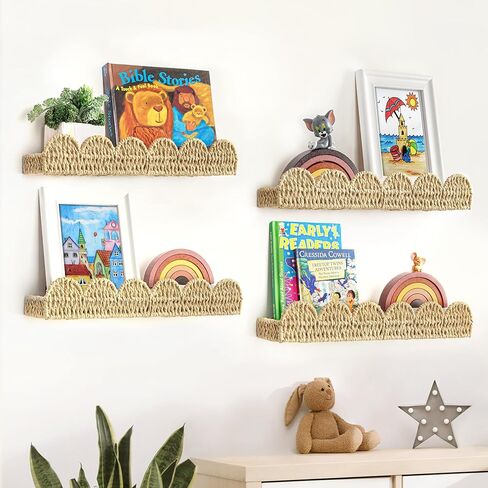 AELS Scalloped Nursery Bookshelf, Set of 4, Picture Ledge Shelf for Wall Decor, Woven Natural Fibre Floating Shelves for Books, Toys, Photo Frames, Nursery, Boho Modern Farmhouse Book Shelf, Beige in Kuwait
