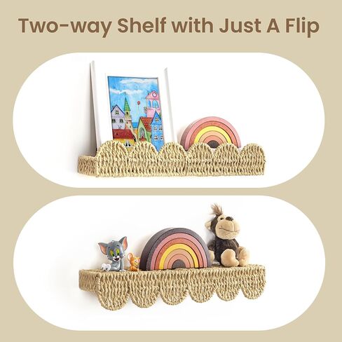 AELS Scalloped Nursery Bookshelf, Set of 4, Picture Ledge Shelf for Wall Decor, Woven Natural Fibre Floating Shelves for Books, Toys, Photo Frames, Nursery, Boho Modern Farmhouse Book Shelf, Beige in Kuwait