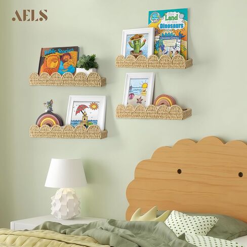 AELS Scalloped Nursery Bookshelf, Set of 4, Picture Ledge Shelf for Wall Decor, Woven Natural Fibre Floating Shelves for Books, Toys, Photo Frames, Nursery, Boho Modern Farmhouse Book Shelf, Beige in Kuwait