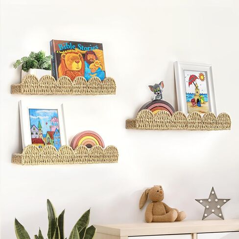 AELS Scalloped Nursery Bookshelf, Set of 4, Picture Ledge Shelf for Wall Decor, Woven Natural Fibre Floating Shelves for Books, Toys, Photo Frames, Nursery, Boho Modern Farmhouse Book Shelf, Beige in Kuwait
