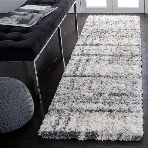 سجادة SAFAVIEH Fontana Shag Collection - 2'3" x 6'، عاجي ورمادي، تصميم حديث، لا يتساقط ويسهل العناية به، سمك 2 بوصة مثالي للمناطق ذات حركة المرور العالية في غرفة المعيشة وغرفة النوم (FNT855A) in Saudi Arabia