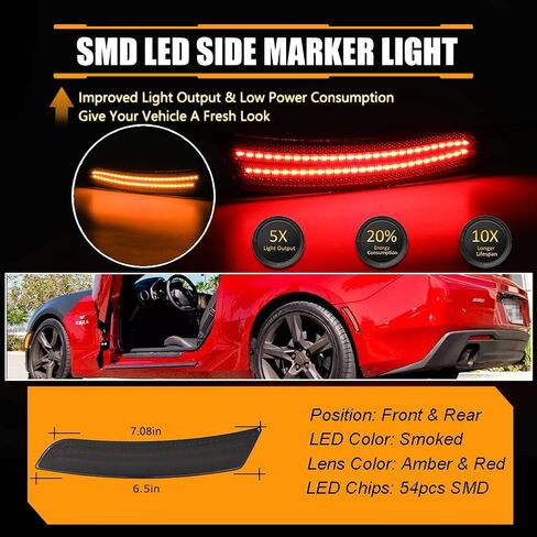 Front & Rear Fender LED Side Marker Lights for 2016 2017 2018 2019 2020 2021 Chevy Camaro, Camaro Smoked Lens Side Bumper Marker Lamps, Amber & Red LED Side Markers Turn Signal Lights, 4 PCS in Kuwait