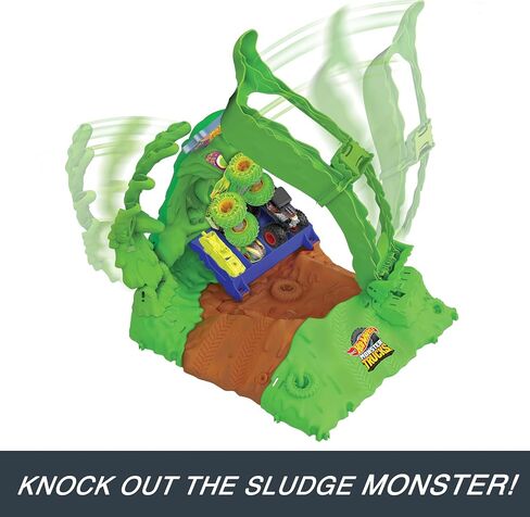 Hot Wheels Monster Trucks Toy Truck & Playset, 1 Glow-in-The-Dark 1:64 Scale Gunkster, GITD Arena Smashers Ooze Battle Challenge, 2 Crushable Cars in Saudi Arabia