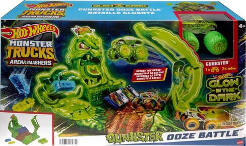 Hot Wheels Monster Trucks Toy Truck & Playset, 1 Glow-in-The-Dark 1:64 Scale Gunkster, GITD Arena Smashers Ooze Battle Challenge, 2 Crushable Cars in Saudi Arabia