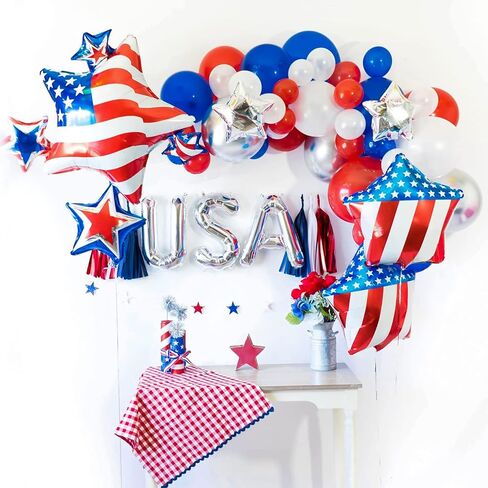 طقم بالونات RUBFAC 140 قطعة باللونين الأحمر والأبيض والأزرق، بالونات الرابع من يوليو، لوازم حفلات التخرج، قوس بالونات وطني لديكورات الحفلات البحرية in Kuwait