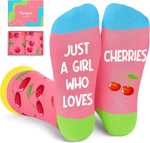 HAPPYPOP Cherry Gifts for Women Teen Girls - Cute Cherry Socks for Cherry Lovers, Valentine's Day Fruit Gifts, Novelty Fruit Socks for Girls, Funny Socks in Saudi Arabia