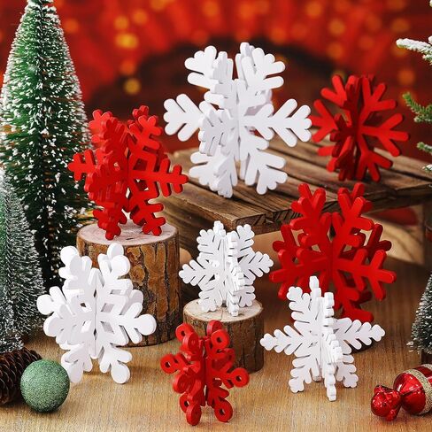 Wenqik 16 Pcs Winter Wooden Snowflake Decor Christmas Winter Snowflake Tabletop Decorations 3D Snowflake Table Signs Standing Centerpiece Tiered Tray Decorations for Party(Red White) in Kuwait