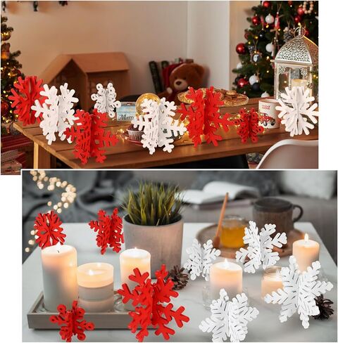 Wenqik 16 Pcs Winter Wooden Snowflake Decor Christmas Winter Snowflake Tabletop Decorations 3D Snowflake Table Signs Standing Centerpiece Tiered Tray Decorations for Party(Red White) in Kuwait