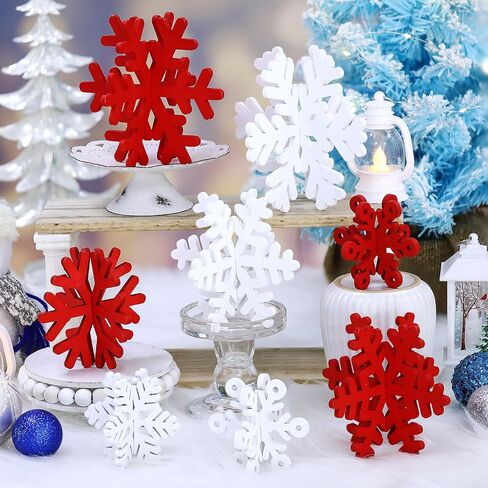 Wenqik 16 Pcs Winter Wooden Snowflake Decor Christmas Winter Snowflake Tabletop Decorations 3D Snowflake Table Signs Standing Centerpiece Tiered Tray Decorations for Party(Red White) in Kuwait