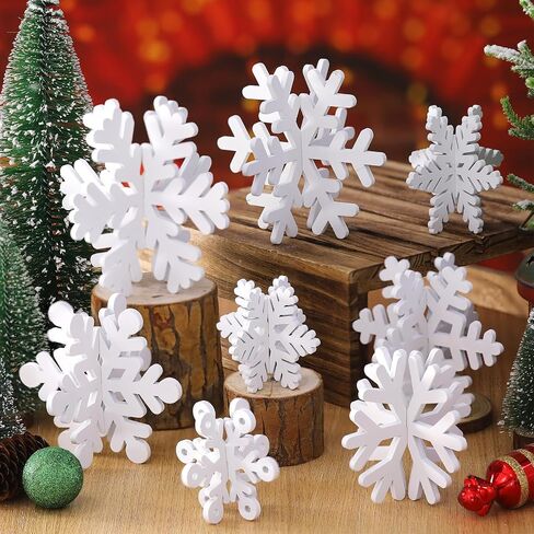 Wenqik 16 Pcs Winter Wooden Snowflake Decor Christmas Winter Snowflake Tabletop Decorations 3D Snowflake Table Signs Standing Centerpiece Tiered Tray Decorations for Party(Red White) in Kuwait