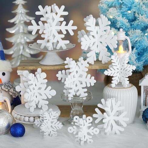 Wenqik 16 Pcs Winter Wooden Snowflake Decor Christmas Winter Snowflake Tabletop Decorations 3D Snowflake Table Signs Standing Centerpiece Tiered Tray Decorations for Party(Red White) in Kuwait
