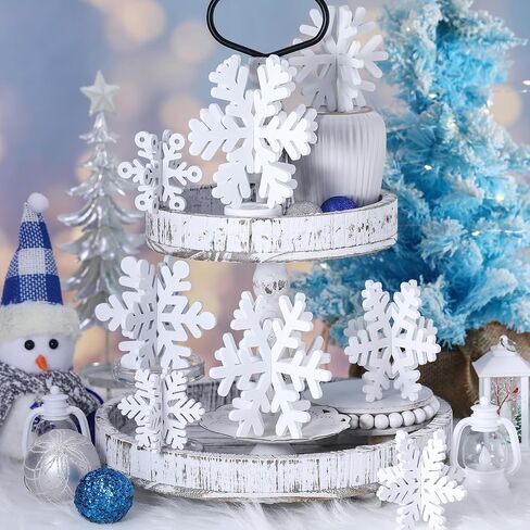 Wenqik 16 Pcs Winter Wooden Snowflake Decor Christmas Winter Snowflake Tabletop Decorations 3D Snowflake Table Signs Standing Centerpiece Tiered Tray Decorations for Party(Red White) in Kuwait