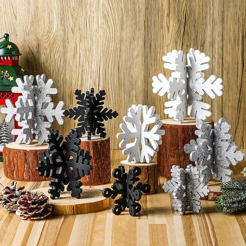 Wenqik 16 Pcs Winter Wooden Snowflake Decor Christmas Winter Snowflake Tabletop Decorations 3D Snowflake Table Signs Standing Centerpiece Tiered Tray Decorations for Party(Red White) in Kuwait