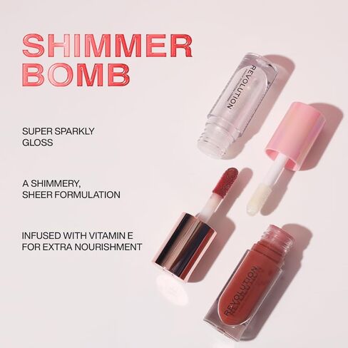 Revolution Shimmer Bomb Lip Gloss, Lip Tint Infused With Vitamin E, Shimmery Finish, Comes In 6 Colors, Blaze in Saudi Arabia