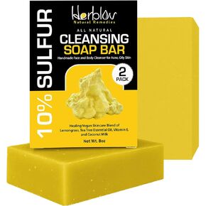 Herblov Cleansing 10% Sulfur Soap Bar for Face & Body – Natural Shine Control Facial Cleanser for Acne, Oily Skin – Made in USA Skincare Wash with Lemongrass, Tea Tree Oil, Vitamin E, Coconut Milk
