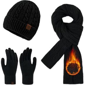 Womens Winter Beanie Hat Scarf Gloves Set, Winter Knit Touch Screen Gloves Long Scarf Skull Caps Fleece Lined Winter Gift