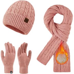 Womens Winter Beanie Hat Scarf Gloves Set, Winter Knit Touch Screen Gloves Long Scarf Skull Caps Fleece Lined Winter Gift