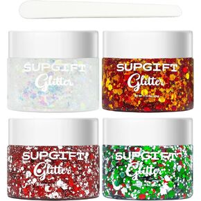 Body Face Glitter Gel SUPGIFT 5 Colors 7.8oz Holographic Chunky Laser Mermaid Liquid Glitter Sequins Glue for Makeup Eyeshadow Hair Nail Slime Craft Resin with Spoon