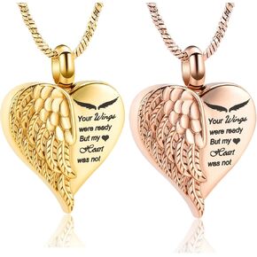 2 Pcs Heart Urn Necklace for Ashes Cremation Jewelry Stainless Steel Angel Wings Heart Urn Locket Pendant for Ashes Keepsake Memorial Jewelry