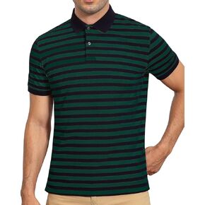 Men's Cotton Short Sleeve Striped Polo Shirt with Collar Fitted Pique for Work Golf Casual