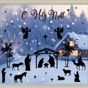 9 Sheets Christmas Window Cling Stickers Nativity Scene Christian Window Stickers Decal Decor Xmas Self Adhesive O Holy Night Window Decals for Christmas Party Home School Office Decorations, Black