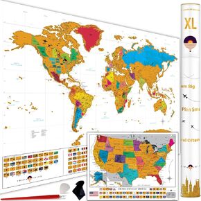 XL Scratch off World Map with All 233 Flags + Deluxe US Scratch off Map | 36x24 Easy to Frame Travel Map Scratch off Poster | White World Map Scratch off for Travel + Tools | Deluxe Gift for Travelers