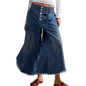 LifeShe Women's Baggy Wide Leg Jeans Elastic Waisted Cropped Denim Pants Loose Boyfriend Raw Hem Jeans