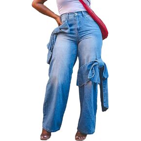 Voghtic Women's Baggy High Waist Y2K Jeans Bow-Knot Wide Leg Cargo Casual Denim Boyfriend Pants Hip-Hop Streetwear