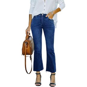 Flare Jeans for Women Cropped Stretchy Mid Rise Bell Bottom Jeans Womens Crop Flare Jeans with Raw Hem