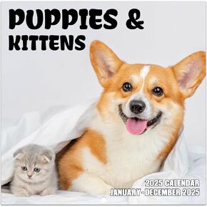 2025 Calendar - Kittens and Puppies Calendar 2025, 12 months from Jan. 2025 - Dec. 2025, 12" x 24" (Open), Monthly Wall Calendar with Thick Paper, Dogs Cats Cute Baby Animals