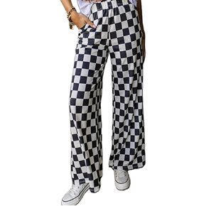 FOMOYUU Womens Gingham Wide Leg Pants Trendy Elastic High Waist Loose Checkerboard Trousers Casual Bottoms Loungewear