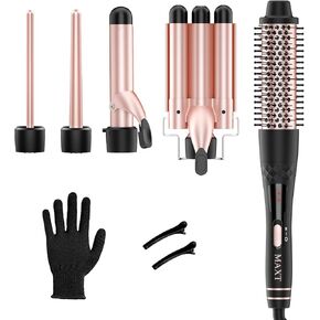 Curling Iron Hair Curler 5 in 1, MAX 3 Barrel Hair Crimper Iron Ceramic Curling Wand Brush, Beach Wave Wand Curling Iron Set (0.35"-1.25") for All Hair Type & Length, 30S Instant Heat, No Hair Damage