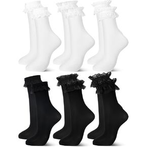 6 Pairs Womens Ankle Socks Casual Ruffle Socks Lace Socks Cute Breathable Thin Cool Frilly Socks for Girls Women(Black, White,Velvet Style)
