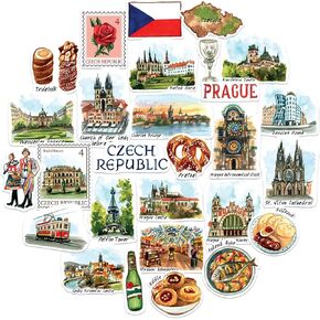 Navy Peony Charming Czech Republic Travel Stickers (28pcs) - Watercolor, Prague, Czechia-Themed Vacation Decals for Journals, Scrapbooks, Luggage
