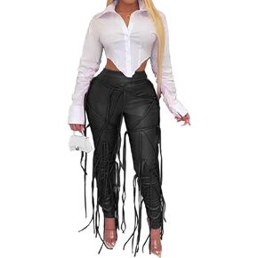 xxxiticat Women's Lace Up Bandage Trousers Mid Waist PU Faux Leather Tassel Fringe Criss Cross Drawstring Bodycon Pants