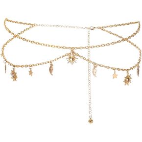 Gold Chain Belt Metal Adjustable Waist Link Belt Elegant Multilayer Skinny Chain Waistband Sun and Moon Decor Belts Straps for Women Dresses Western Jeans Sweater Coat Supplies