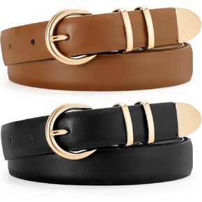 JASGOOD 2 Pack Women's Leather Belts with Gold Buckle Fashion Leather Waist Belt Elegant Ladies Belts for Jeans Dress
