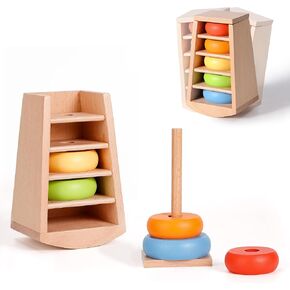 Rainbow Rings Size Sorting Toys, Wooden Montessori Stacking Toy for Babies 18+ Months, Rainbow Stacker, Wooden Ring Educational Learning Toy, Sensory Travel Game for Baby Toddlers