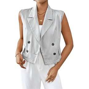 Verdusa Women's Sleeveless Striped Blazer Vest Lapel Collar Double Breasted Jacket