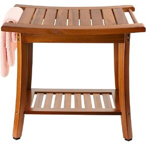 Utoplike Teak Shower Bench Seat with Handles, Portable Wooden Spa Bathing Stool with Storage Towel Shelf, 22" x 13" x 18.6",Waterproof,Perfect for Indoor and Outdoor Use