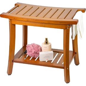 Utoplike Teak Shower Bench Seat with Handles, Portable Wooden Spa Bathing Stool with Storage Towel Shelf, 22" x 13" x 18.6",Waterproof,Perfect for Indoor and Outdoor Use