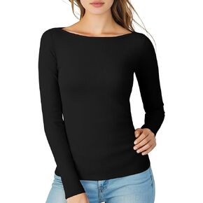 Womens Boat Neck Tops Long Sleeve, Basic Tee Shirt Ribbed Slim Fitted Casual Office T-Shirt