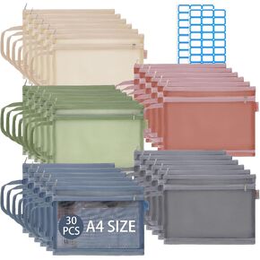 30Pcs Double-Layer A4 Size Mesh Zipper Pouch Bags with Sticky Labels Board Game Puzzle storage Travel Zipper Bags Neutral Color Pouches Nylon Mesh Bags for Office School Home Supplies