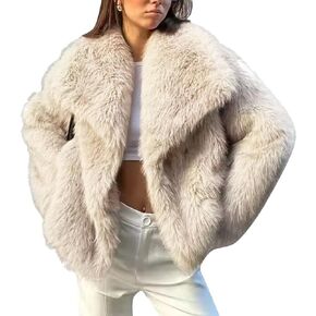 Flygo Womens Faux Fur Jacket Fluffy Shaggy Short Faux Fur Coat Long Sleeve Open Front Cardigan Outerwear