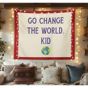 OXW Vintage Kids Tapestry Wall Hanging, Retro Classroom Decorations Nursery Tapestry Decor, Playroom Wall Blanket Decor for Kids Toddler Room Reading Corner, Go Change the World, 50x60 Inch