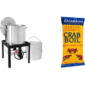 Creole Feast SBK1001 Seafood Boiling Kit with Strainer, Outdoor Aluminum Propane Gas Boiler with 10 PSI Regulator, Silver & Zatarain's Crawfish, Shrimp & Crab Boil, 16 oz