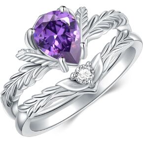 Amethyst Leaf Engagement Ring Set Sterling Silver, Pear Cut 8x6 MM Amethyst Engagement Promise Wedding Rings for Women
