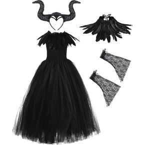 Tutu Dreams Witch Dress for Girls Kids Halloween Costume Black Tutu Dress with Wings Headband