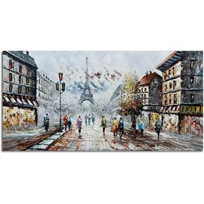 Alenoss Modern Oil Paintings on Canvas Wall Art, Paris Eiffel Tower Landscape Abstract Paintings for Living Room Bedroom Office Wall Decor 48x24 Inches, Ready to Hang