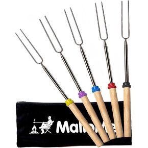 عصي الشواء Marshmallow وشوكة هوت دوج من MalloMe مقاس 81.28 سم - ملحقات للتخييم للأطفال من أجل كامبيفاير للطهي - حقيبة تخزين مجانية، 10 أسياخ خيزران، كتاب إلكتروني